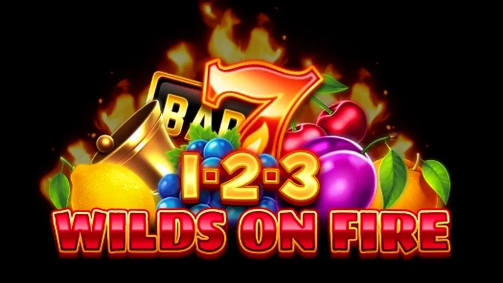Interface do jogo 1-2-3 Wilds on Fire com rolos de frutas e fogo