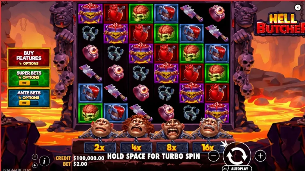 Cena de jogo do slot Hell Butcher com tema de terror e cozinha macabra