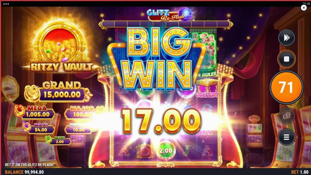 Interface brilhante e neon do slot Bet It on the Glitz Re-Flash