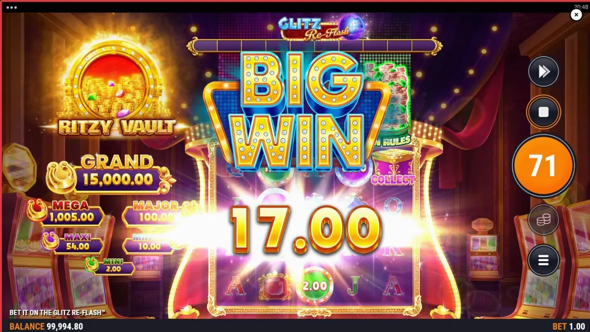 Interface brilhante e neon do slot Bet It on the Glitz Re-Flash