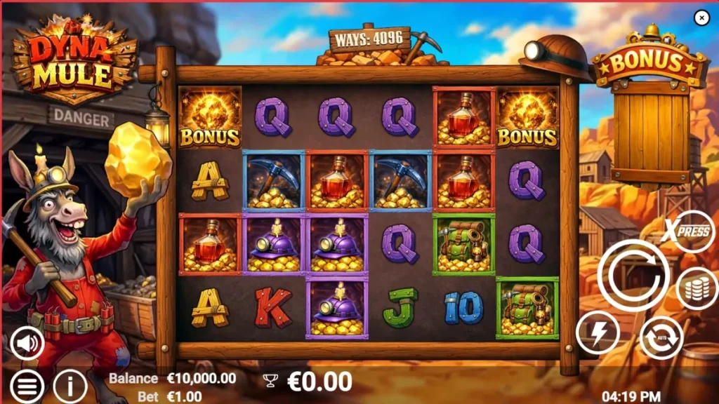 Interface do slot Dyna Mule com símbolos de mineração e a mula mecânica
